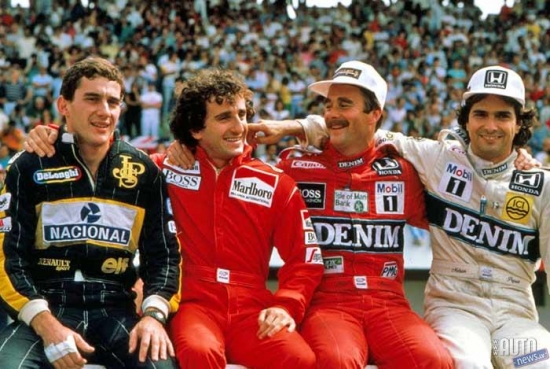 F1 leģendas. Aertons Senna, Alēns Prosts, Naidzēls Mansels, Nelsons Pikē. 1986.gads.