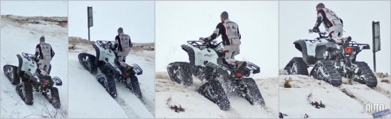 „Yamaha Grizzly 700 FI Special Edition”, kurš aprīkots ar kāpurķēdēm pārvar 45* leņķa pacēlumu bez problēmām.