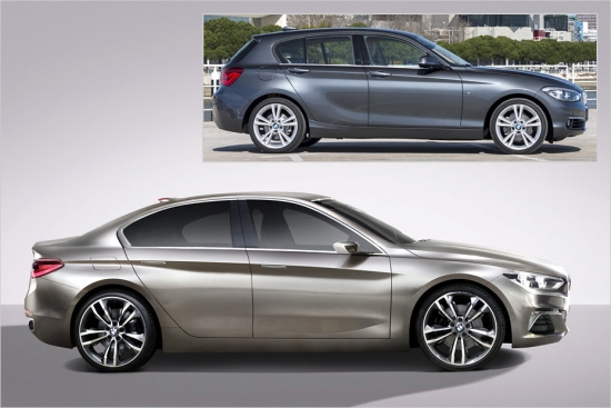 BMW 1.sērijas hečbeks (augšā) un sedana koncepts